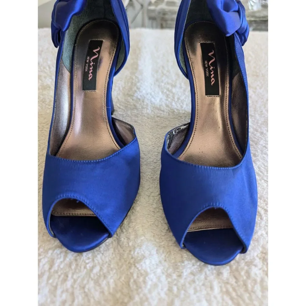 Nina New York Blue Satin Peep Toe Wedge Heels Bow Women’s 7M Formal